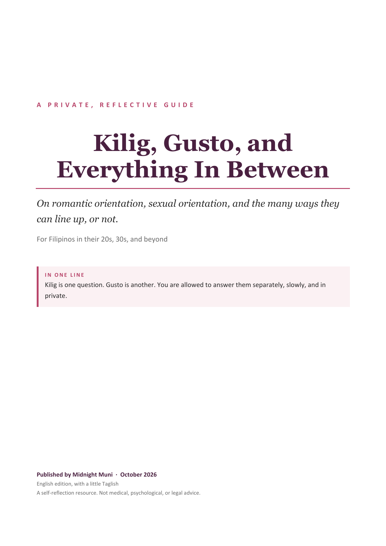 The cover of Kilig, Gusto, and Everything In Between, a reflective guide by Midnight Muni